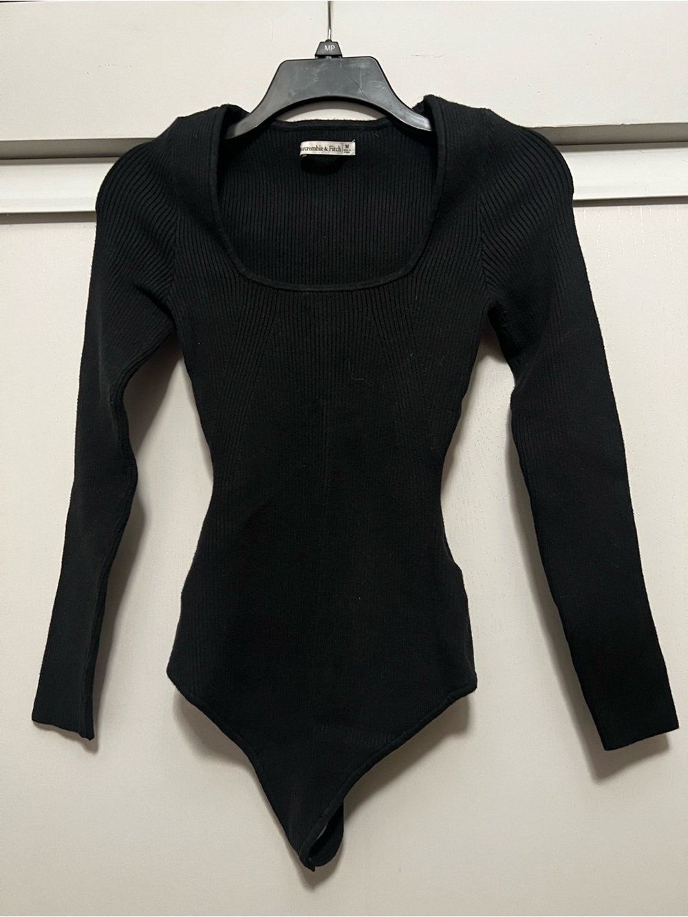 Abercrombie & Fitch Black Ribbed Square-Neck Long-Sleeve Bodysuit